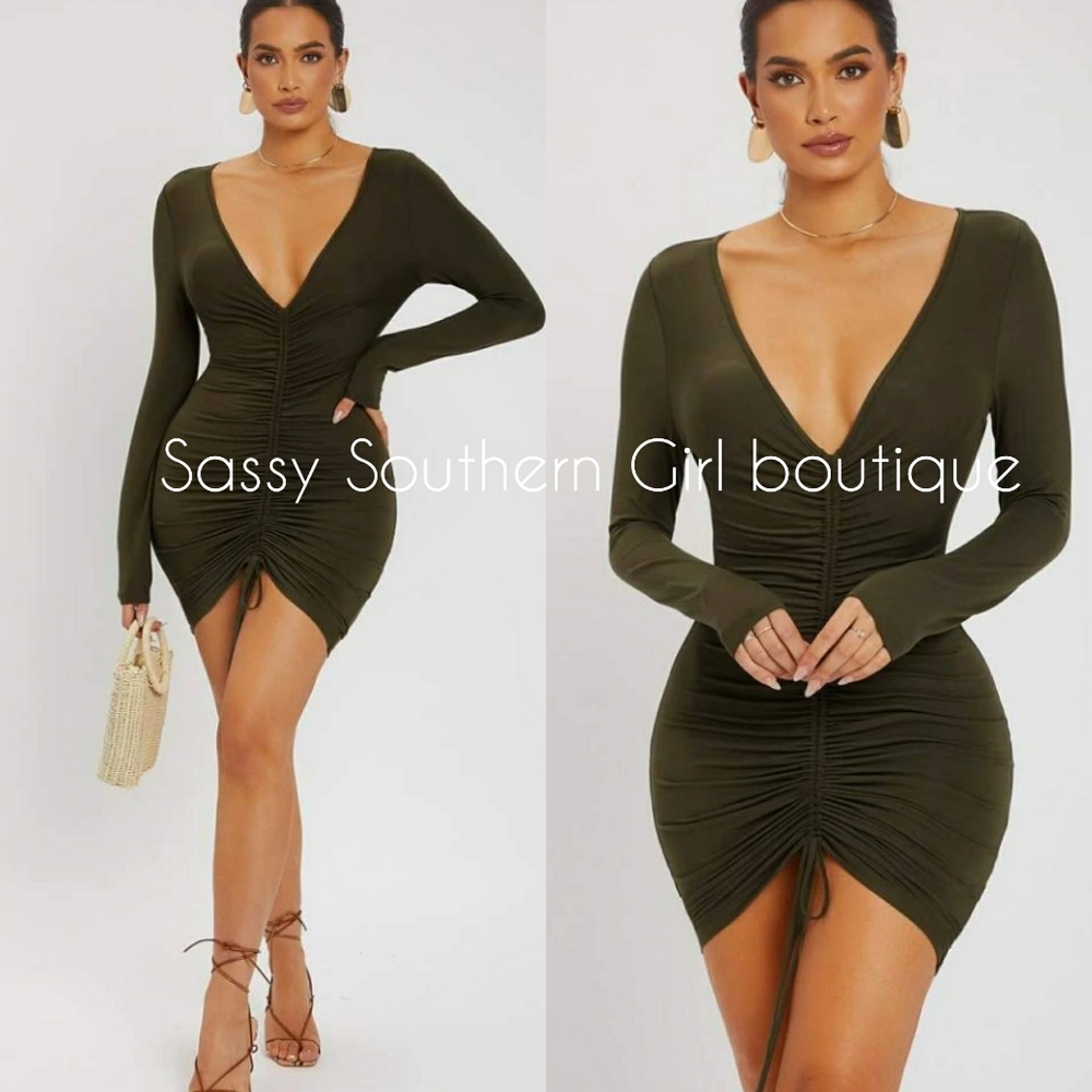 C⭐🆕Army green ruched drawstring bodycon